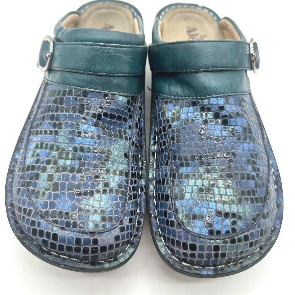 Alegria Seville Blue Teal Mosaic Snakeskin Leather Clogs Swivel Strap 40/9.5-10 - Picture 2 of 11